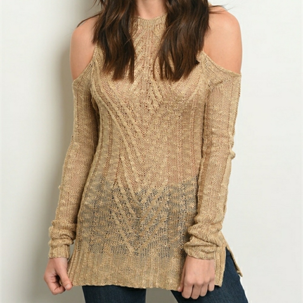 COZY CASUAL COLD SHOULDER LONG SLEEVE KHAKI SWEATER KNIT TOP
